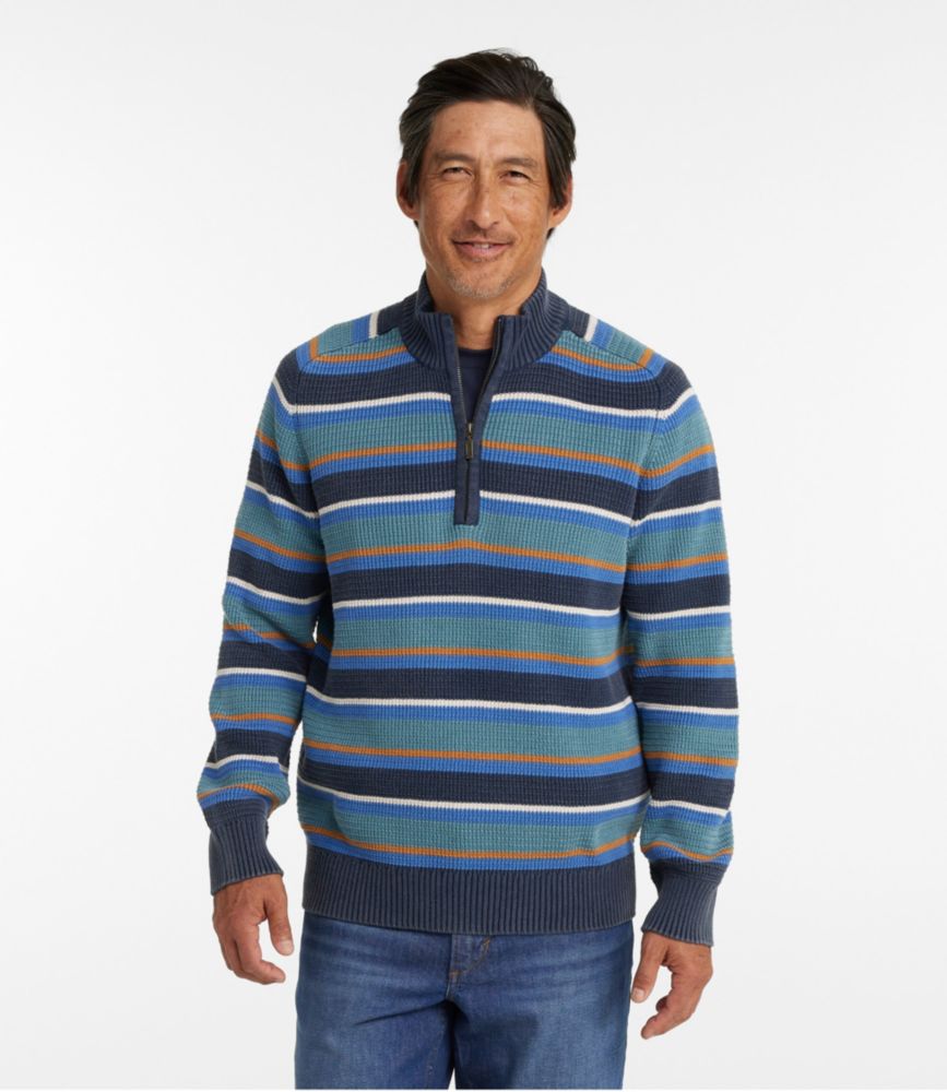 Men's Textured Washed Cotton Sweaters, Quarter Zip, Stripe, Classic Navy, small image number 2