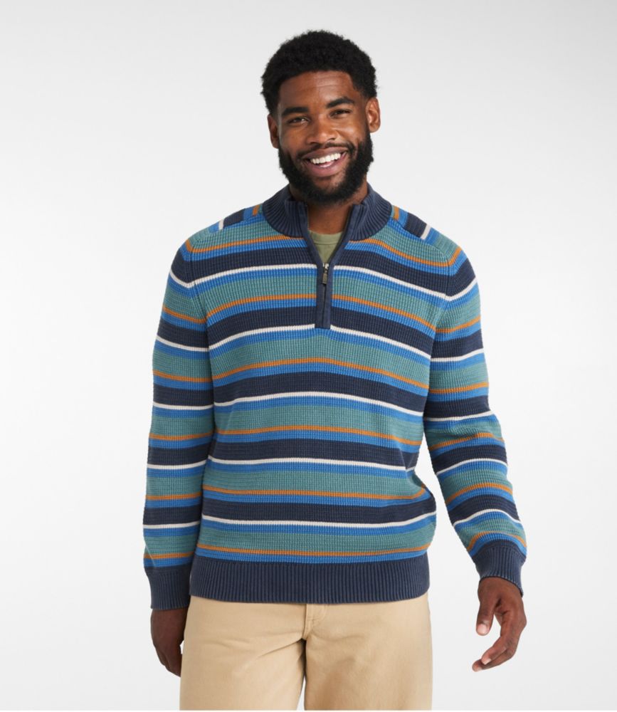 Men's Textured Washed Cotton Sweaters, Quarter Zip, Stripe, Classic Navy, small image number 4