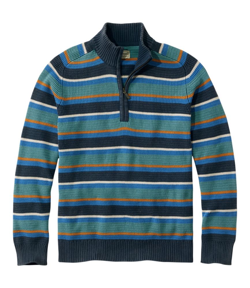 Men's Textured Washed Cotton Sweaters, Quarter Zip, Stripe