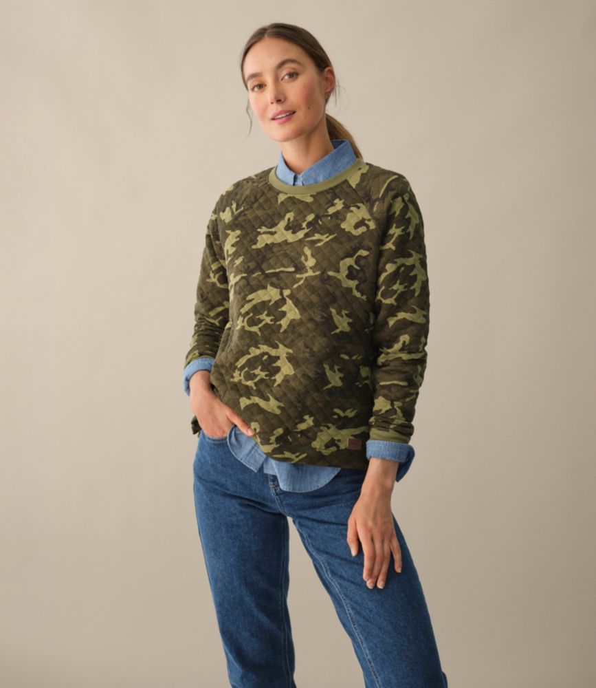 Women's Quilted Sweatshirt, Crewneck Pullover Print, Loden Camo, small image number 6