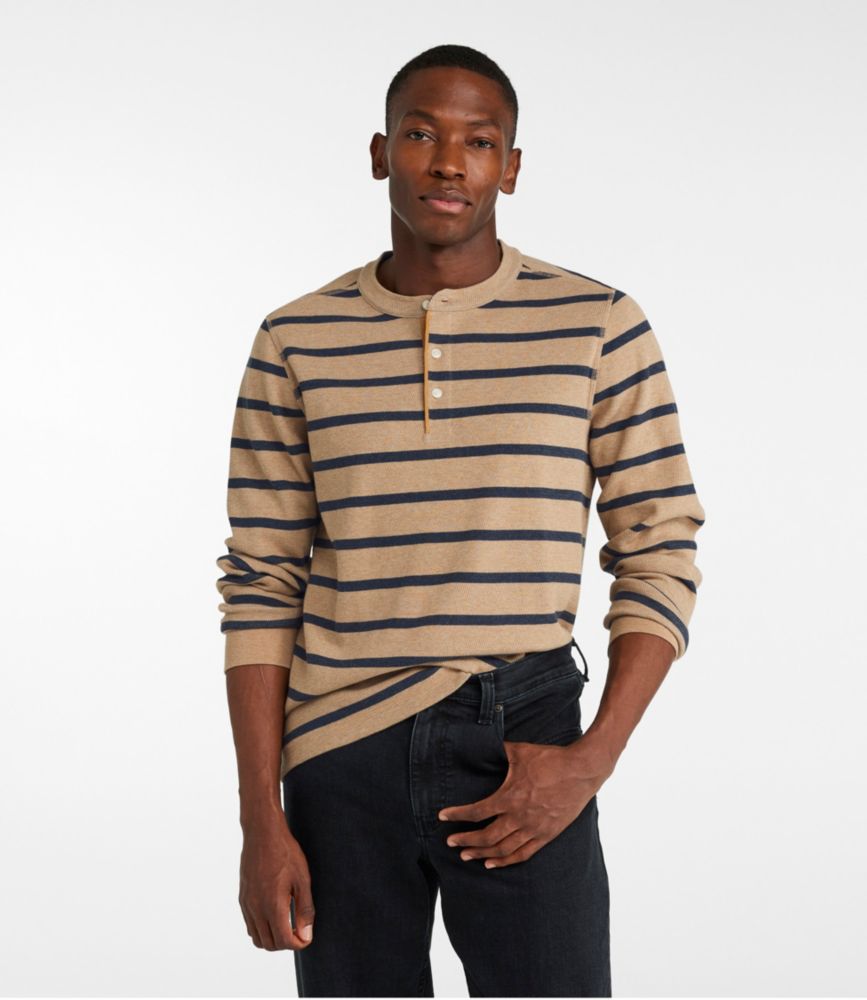 Men's Bean's Vintage Soft Knit Henley, Stripe, Barley Heather/Navy, small image number 2