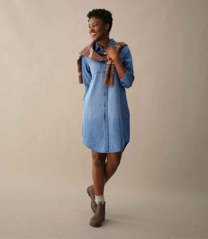 denim dress clothes Women's L.L. Bean Heritage Washed Shirt shaped buttons add a romantic Antoina dress - denim