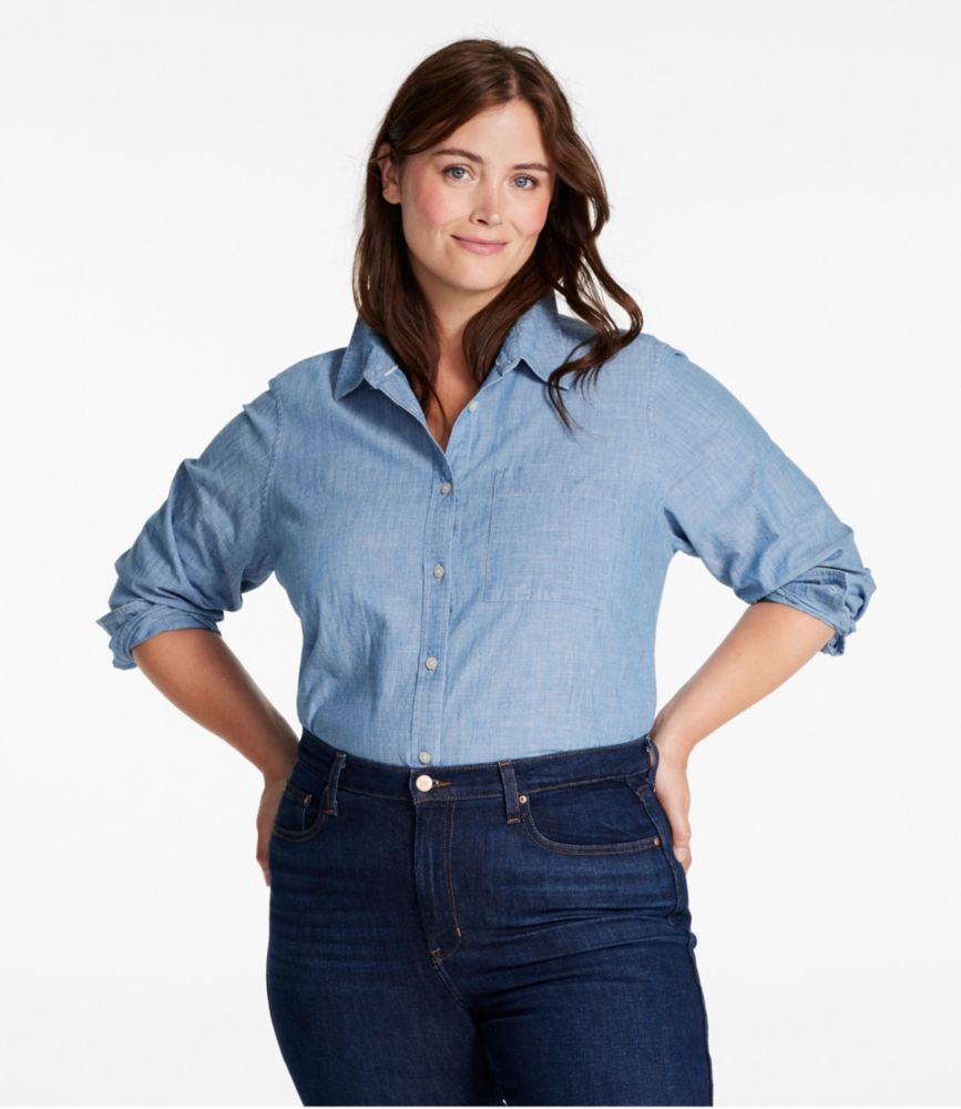 Women's Essential Cotton Shirt, Chambray Long Sleeve, Clean Indigo, small image number 2