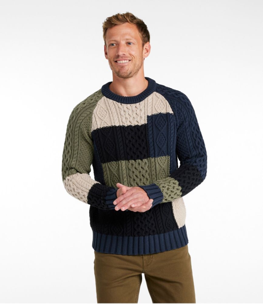 Men's Signature Cotton Fisherman Sweater, Crewneck, Colorblock, Navy Colorblock, small image number 2