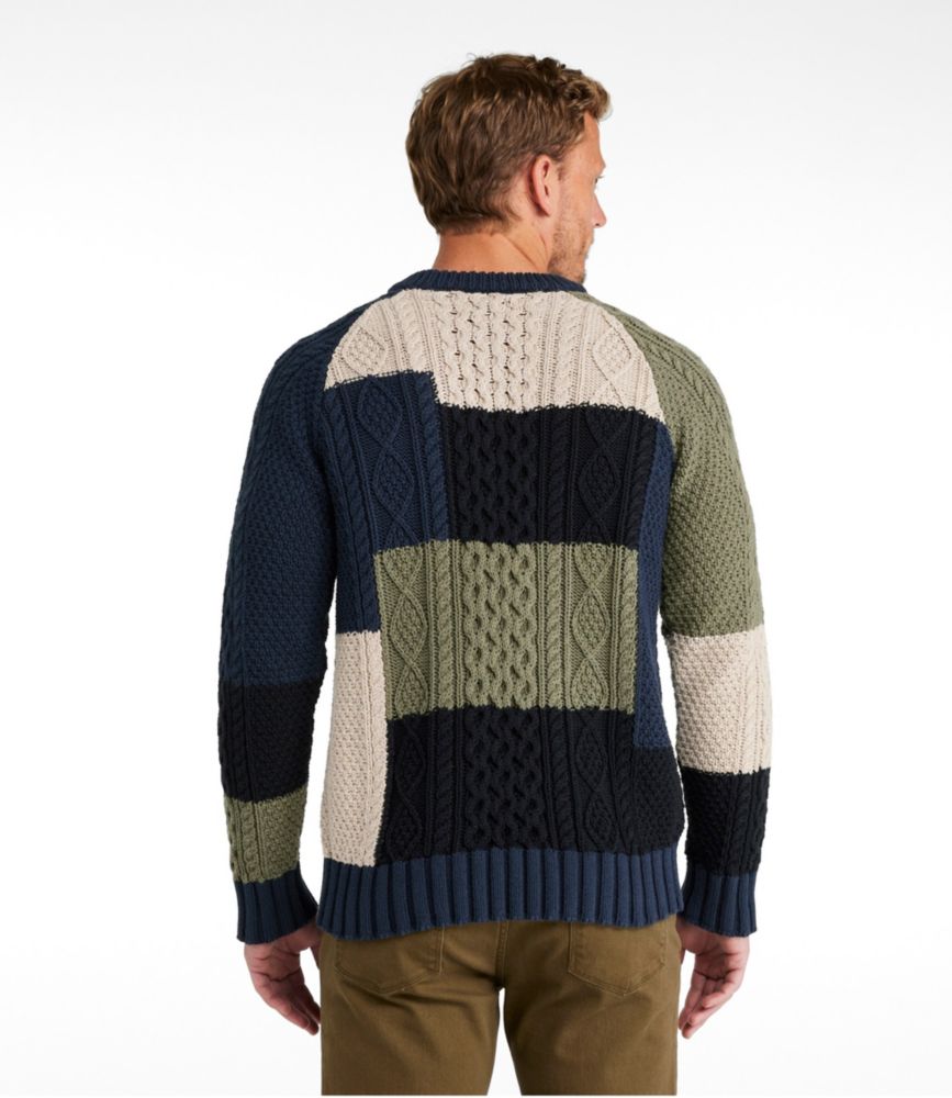 Men's Signature Cotton Fisherman Sweater, Crewneck, Colorblock, Olive Gray, small image number 3