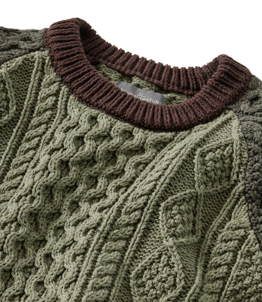 Men's Signature Cotton Fisherman Sweater, Crewneck, Colorblock, Olive Gray, small image number 4