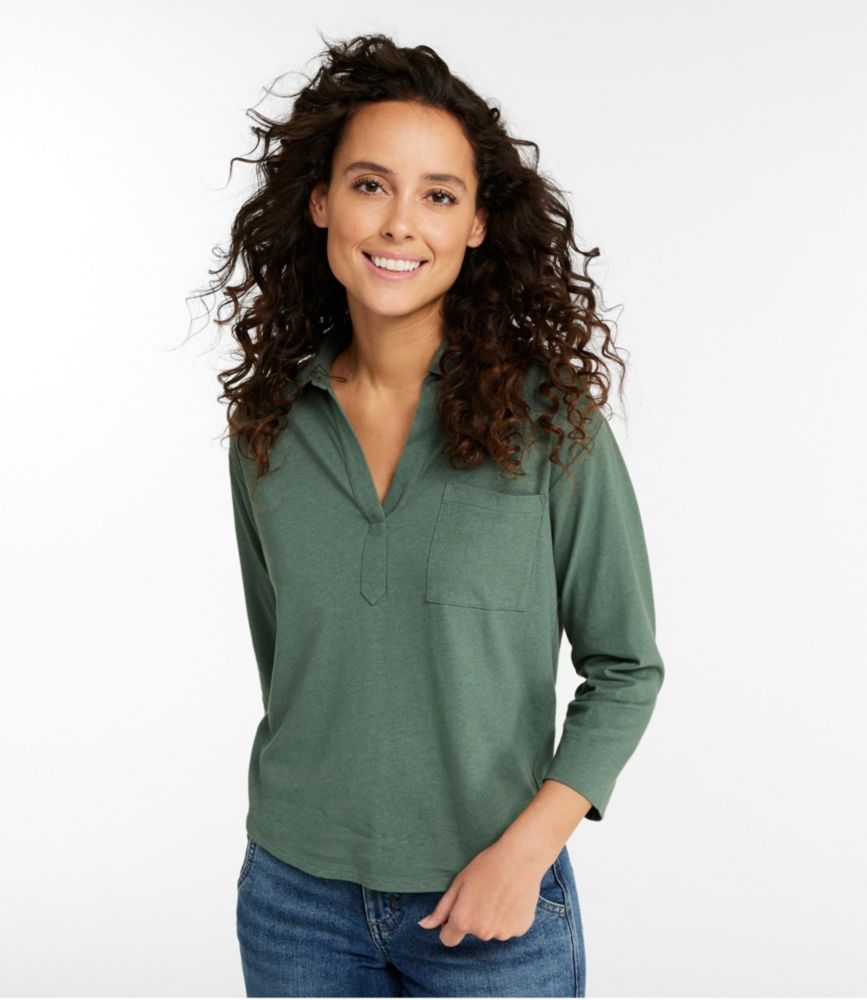 Women's Linen/Cotton Tee, Three-Quarter-Sleeve Splitneck Polo