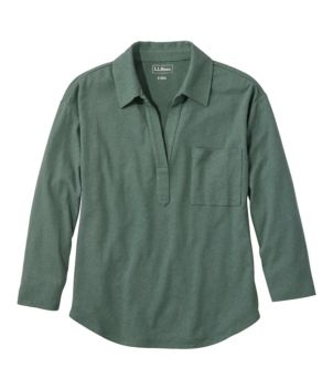 Women's Linen/Cotton Tee, Three-Quarter-Sleeve Splitneck Polo, New