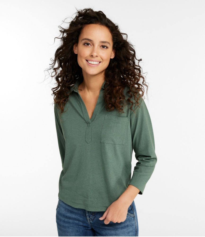 Women's Lakeside Linen/Cotton Tee, Three-Quarter-Sleeve Splitneck Polo