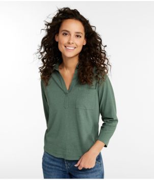 Women's Linen/Cotton Tee, Three-Quarter-Sleeve Splitneck Polo, New