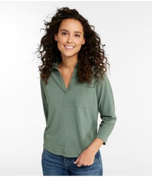 Women's Linen/Cotton Tee, Three-Quarter-Sleeve Splitneck Polo