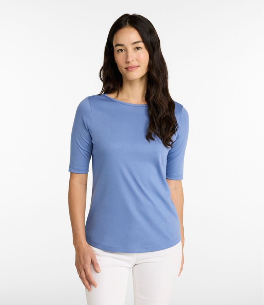 Women's Pima Cotton Tee, Elbow-Sleeve Boatneck