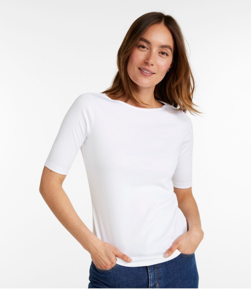 Women's Pima Cotton Tee, Elbow-Sleeve Boatneck