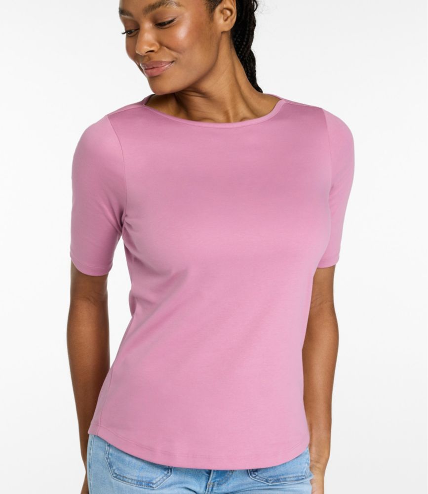 Women's Pima Cotton Tee, Elbow-Sleeve Boatneck