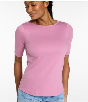 Women's Pima Cotton Tee, Elbow-Sleeve Boatneck
