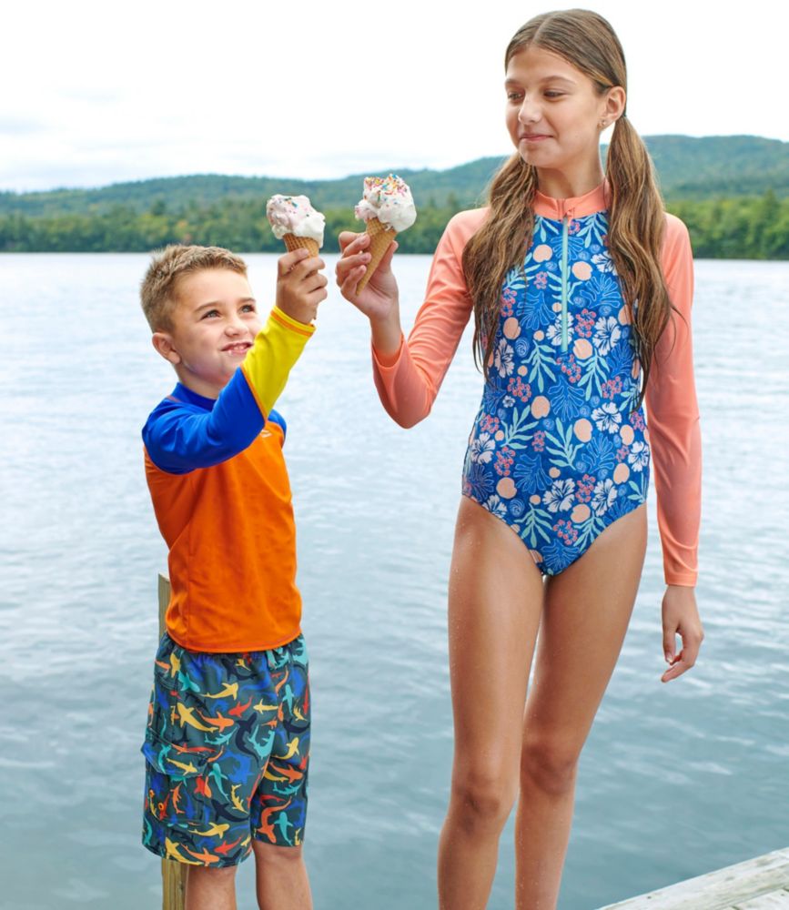 Girls' Watersports Swimwear, Rashguard One-Piece, Blue Water Hibiscus, small image number 6