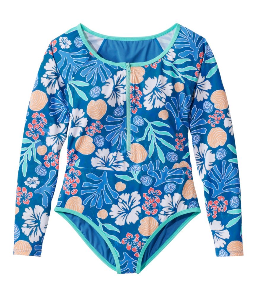 Women's Coastal Essentials Swimwear, Long-Sleeve Tanksuit Print, Blue Water Hibiscus, small image number 1