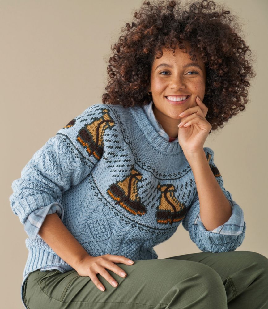 Women's Signature Cotton Fisherman Sweater, Crewneck Novelty, Foggy Blue Boot Fair Isle, small image number 6