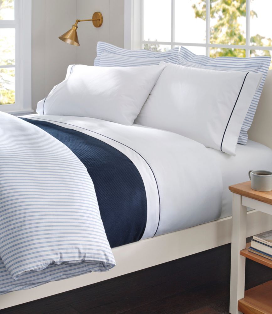 Premium Egyptian Percale Sheet Collection, Satin Stitch, White/Classic Navy, small image number 2