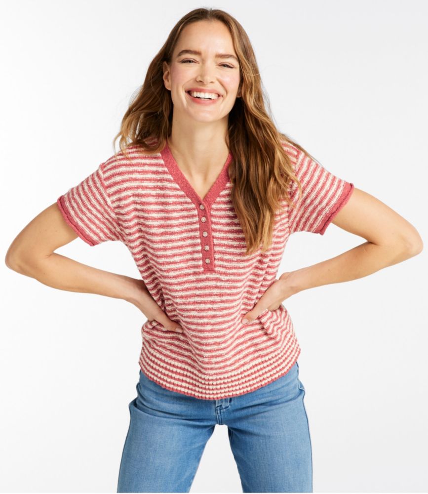 Women's Midweight Cotton Slub Sweater, Henley Short-Sleeve Stripe