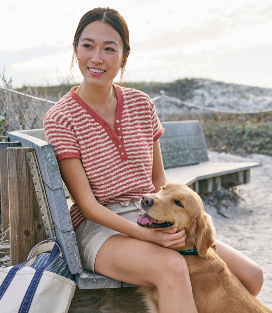 Women's Midweight Cotton Slub Sweater, Henley Short-Sleeve Stripe, Cream/Soft Indigo, small image number 6
