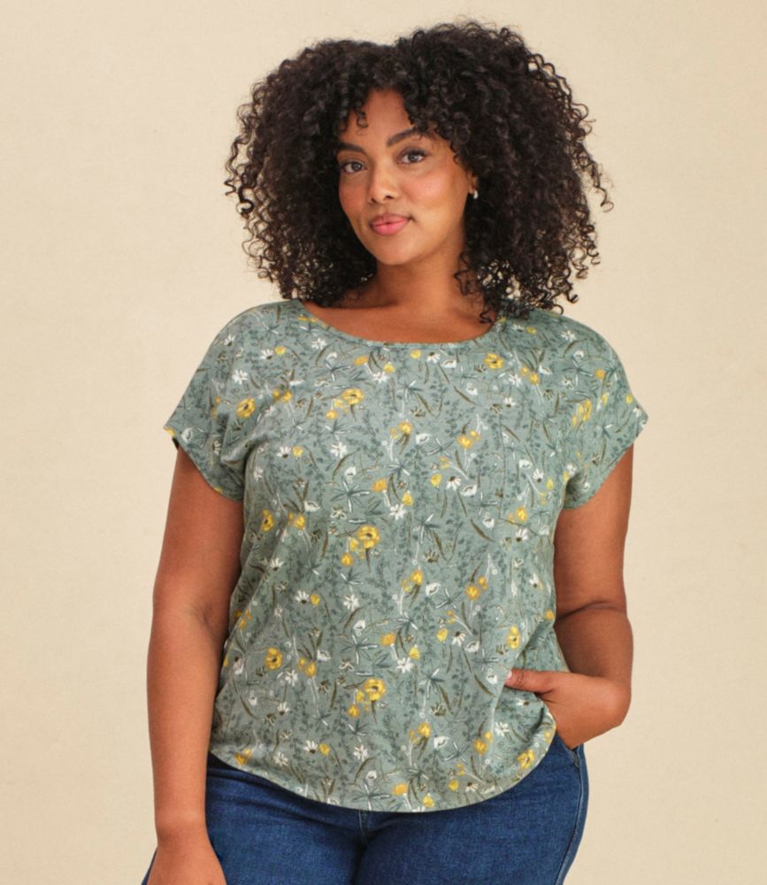 Women's Linen/Cotton Tee, Short-Sleeve Scoopneck Print, Carbon Navy Sketched Floral, small image number 5