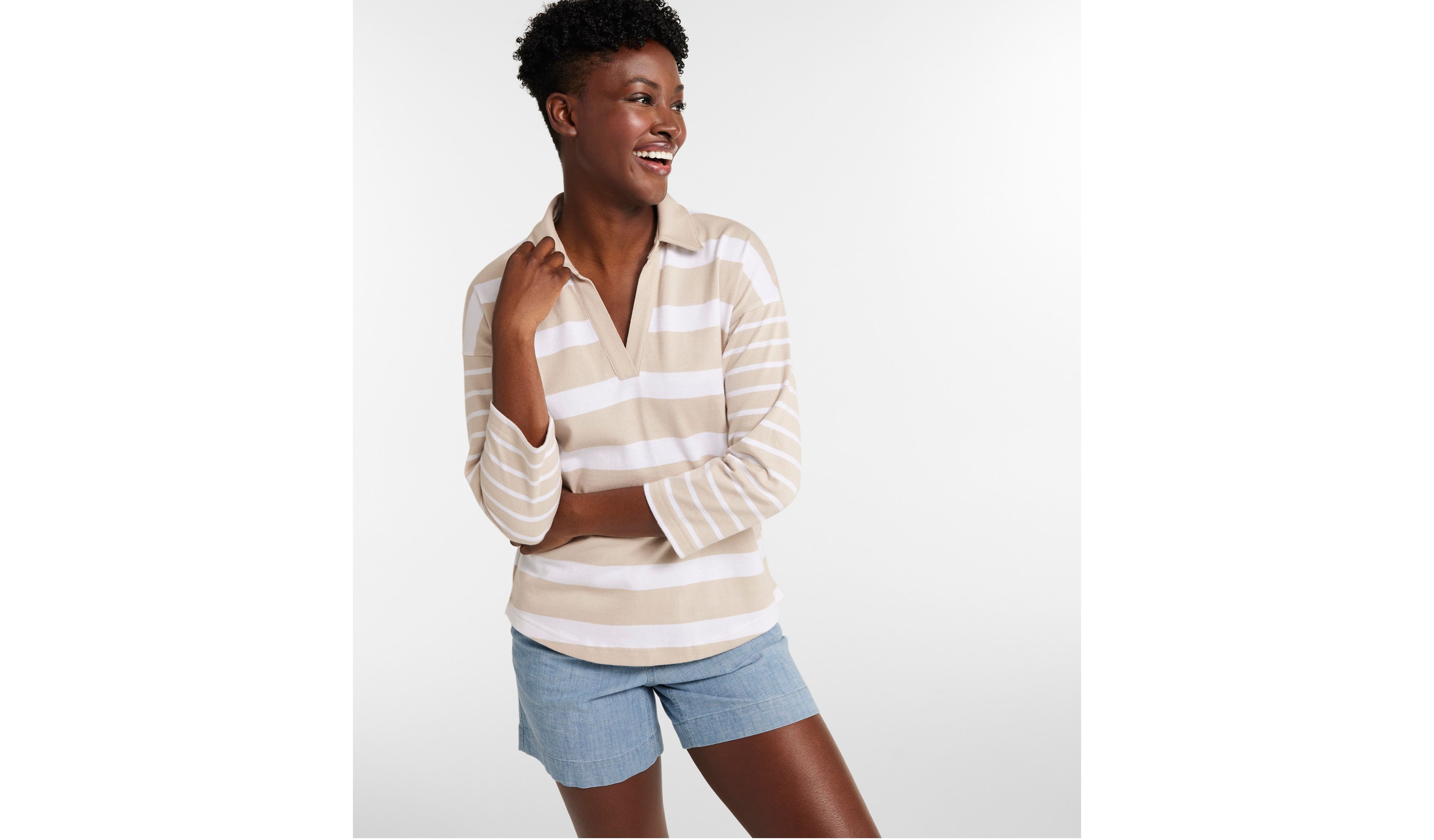 Women's Heritage Mariner Top, Splitneck Polo Three-Quarter-Sleeve, Block Stripe