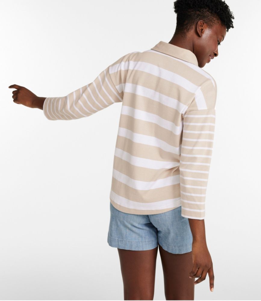 Women's Heritage Mariner Top, Splitneck Polo Three-Quarter-Sleeve, Block Stripe, Bright Blue Blocked Stripe, small image number 3
