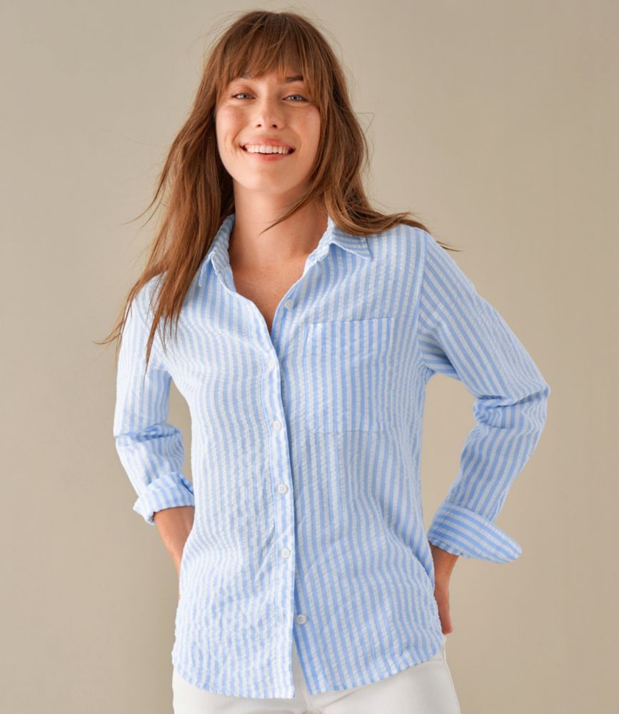 Women's Bean's Seacoast Seersucker Big Shirt, Brightwater Blue Stripe, small image number 6