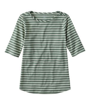 Women's Pima Cotton Tee, Elbow-Sleeve Boatneck Stripe, New