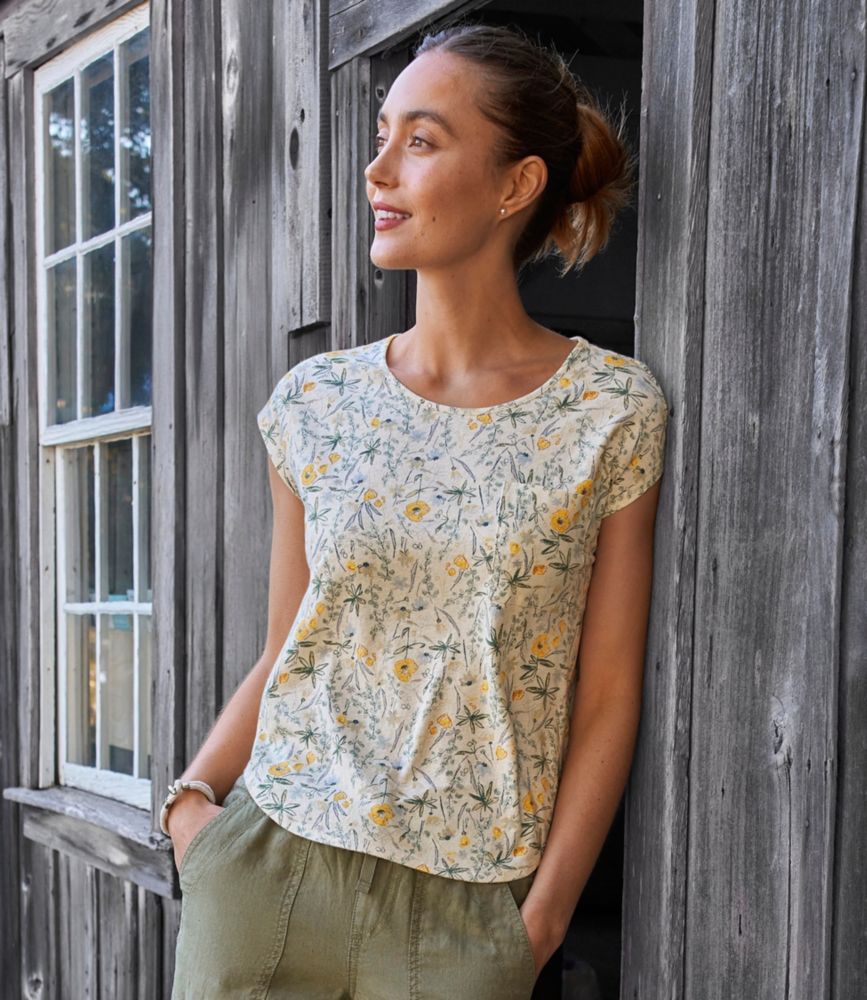 Women's Linen/Cotton Tee, Short-Sleeve Scoopneck Print, Foggy Blue Sketched Floral, small image number 5