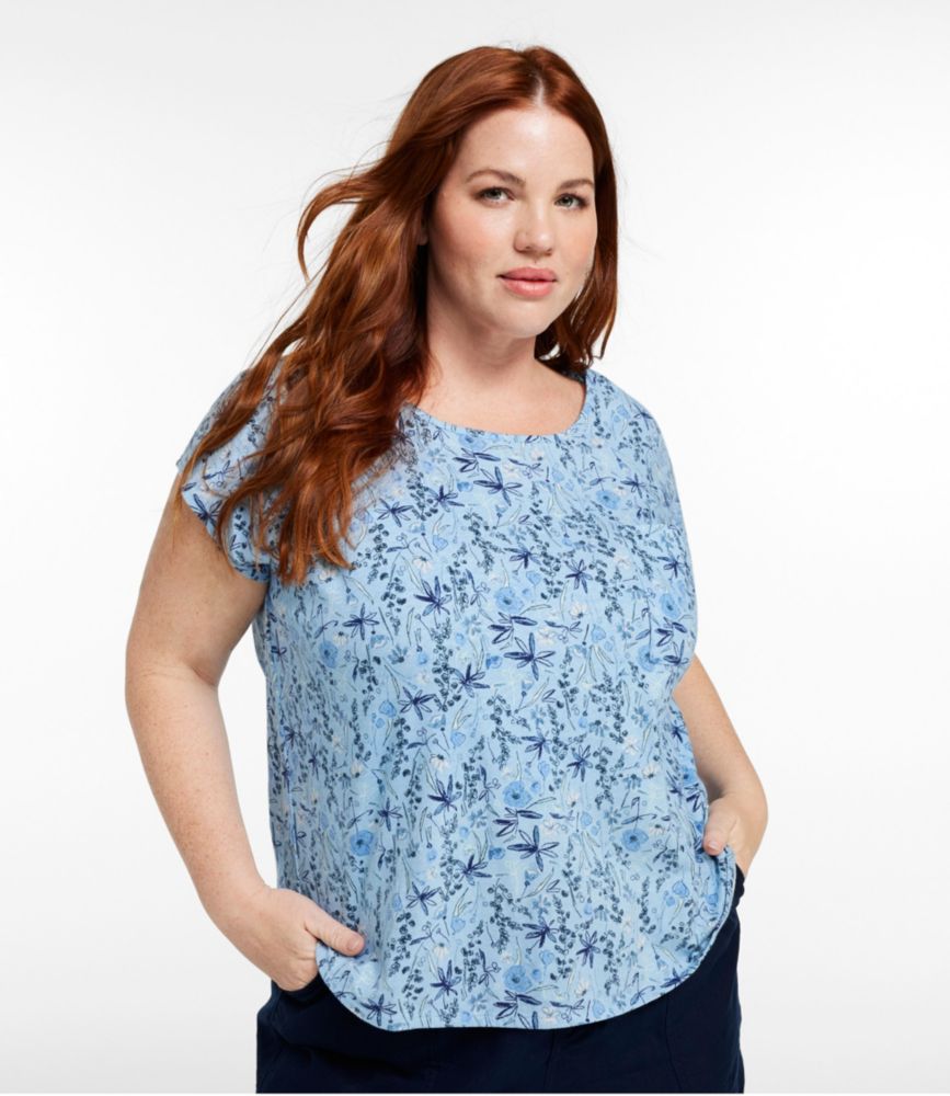 Women's Linen/Cotton Tee, Short-Sleeve Scoopneck Print