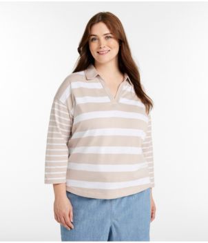 Women's Heritage Mariner Top, Splitneck Polo Three-Quarter-Sleeve, Block Stripe
