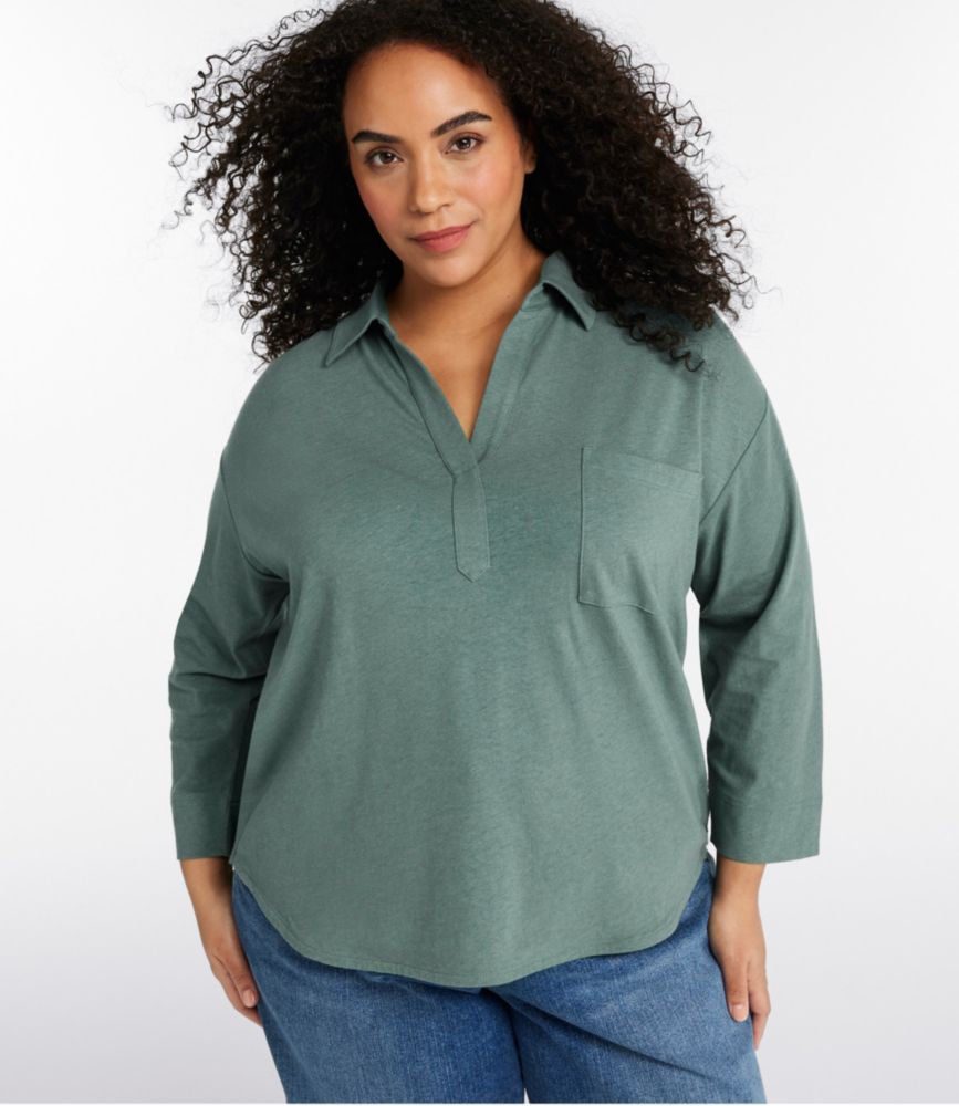 Women's Linen/Cotton Tee, Three-Quarter-Sleeve Splitneck Polo, Pale Turquoise, small image number 2