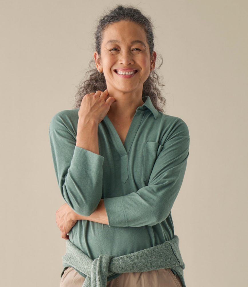 Women's Linen/Cotton Tee, Three-Quarter-Sleeve Splitneck Polo, Pale Turquoise, small image number 6