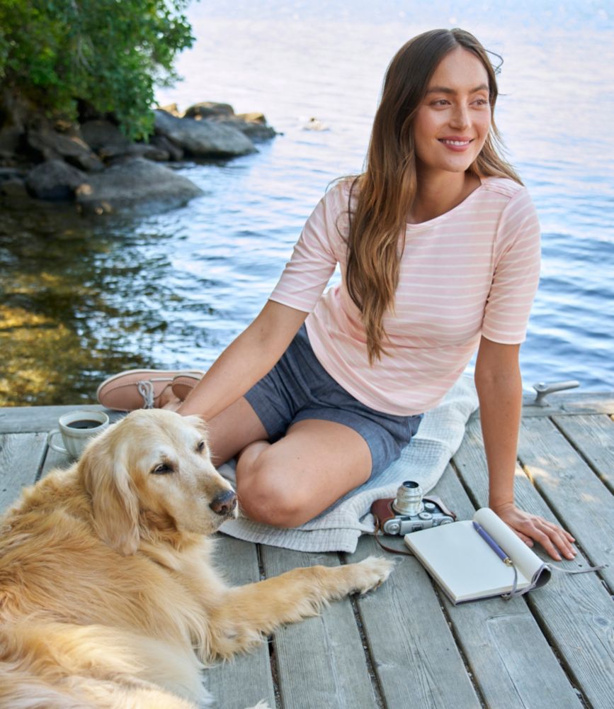 Women's Pima Cotton Tee, Elbow-Sleeve Boatneck Stripe, Faded Sage/Sea Salt, small image number 6