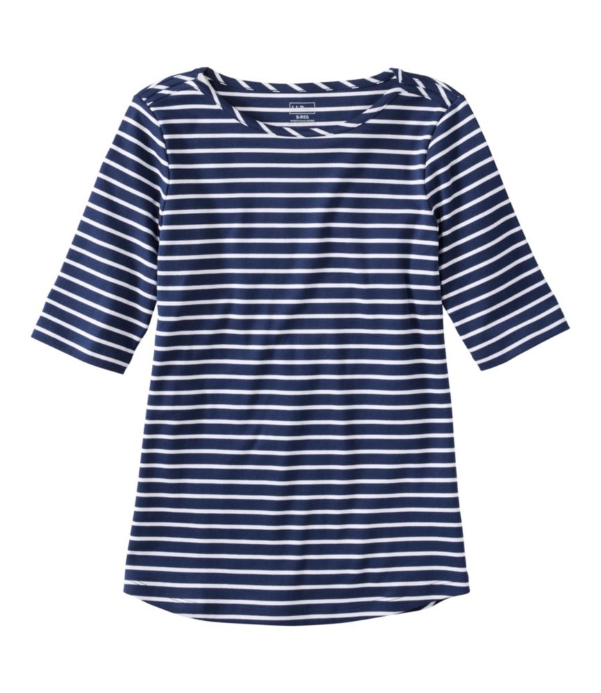 Women's Pima Cotton Tee, Elbow-Sleeve Boatneck Stripe
