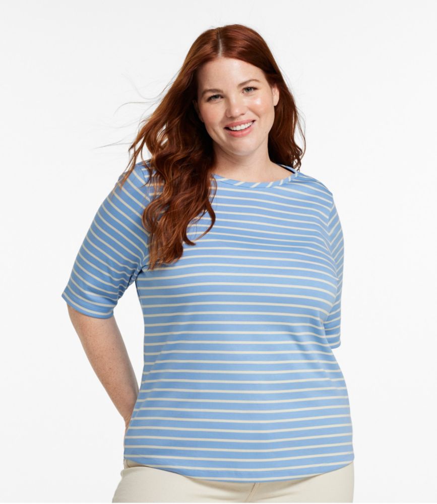 Women's Pima Cotton Tee, Elbow-Sleeve Boatneck Stripe