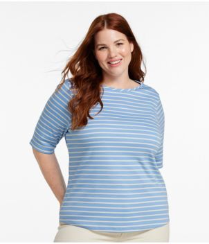 Women's Pima Cotton Tee, Elbow-Sleeve Boatneck Stripe