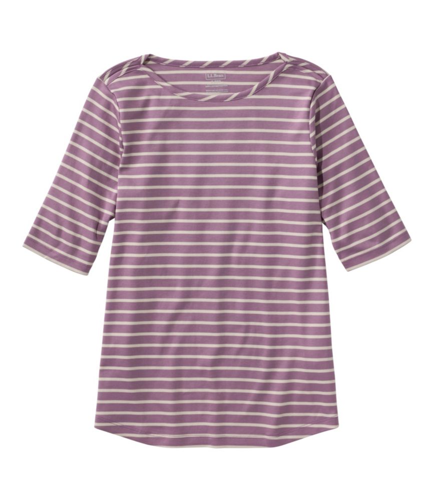 Women's Pima Cotton Tee, Elbow-Sleeve Boatneck Stripe, Mauve/Shore, small image number 1