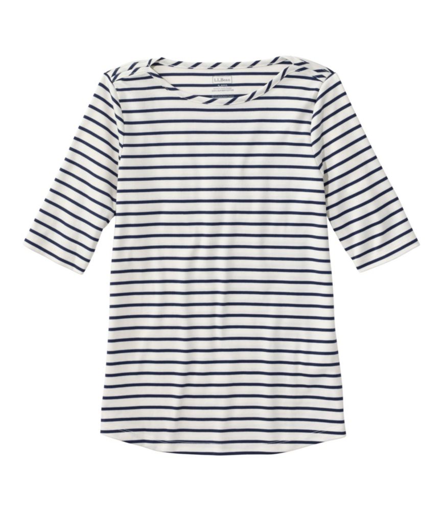 Women's Pima Cotton Tee, Elbow-Sleeve Boatneck Stripe