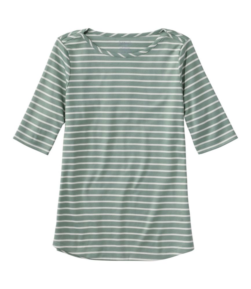 Women's Pima Cotton Tee, Elbow-Sleeve Boatneck Stripe