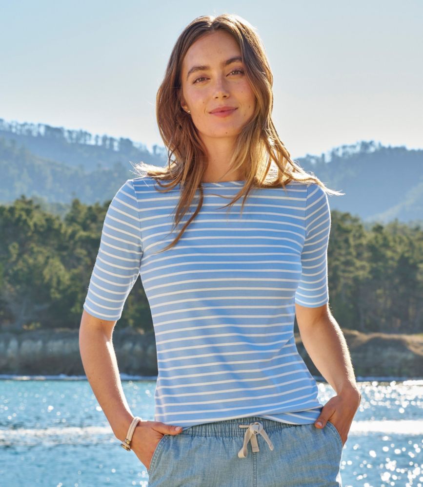 Women's Pima Cotton Tee, Elbow-Sleeve Boatneck Stripe, Faded Sage/Sea Salt, small image number 8