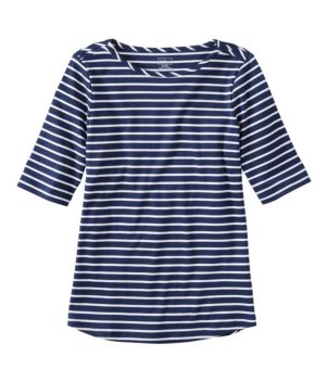 Women's Pima Cotton Tee, Elbow-Sleeve Boatneck Stripe