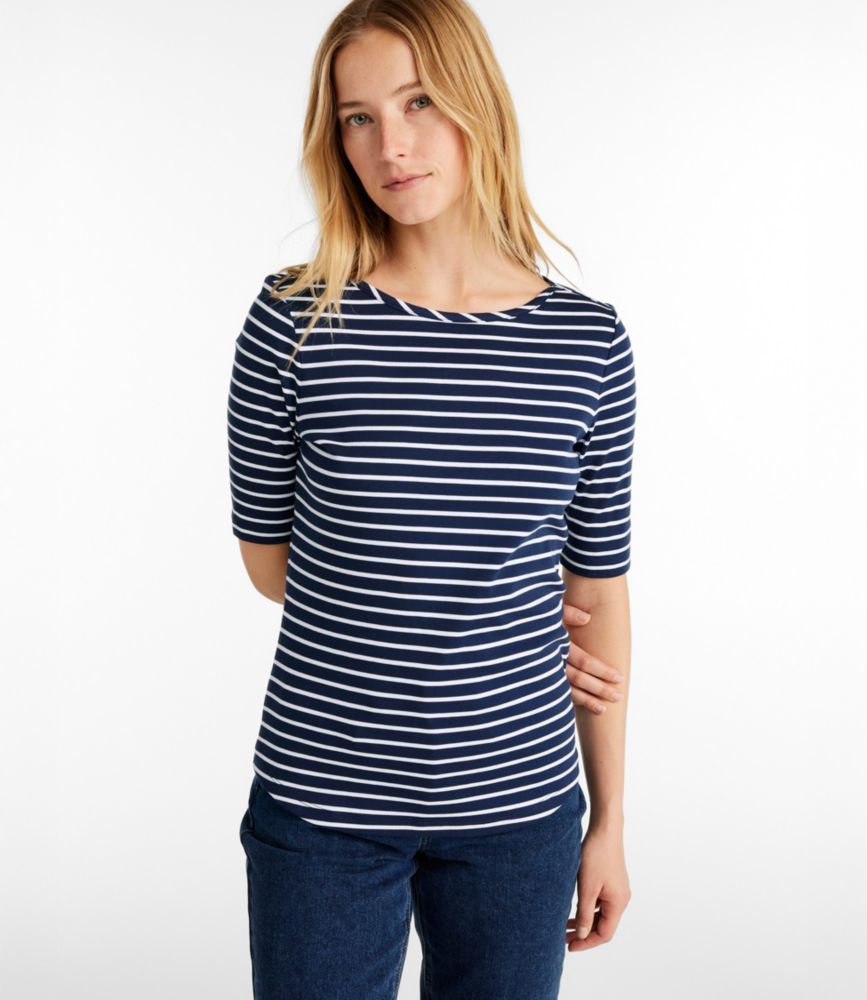 Women's Pima Cotton Tee, Elbow-Sleeve Boatneck Stripe