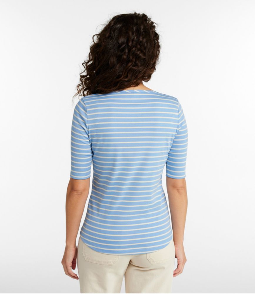 Women's Pima Cotton Tee, Elbow-Sleeve Boatneck Stripe