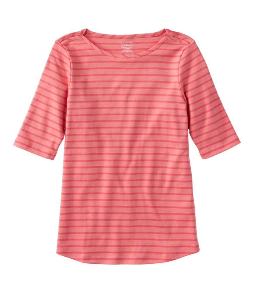 Women's Pima Cotton Tee, Elbow-Sleeve Boatneck Stripe, Dark Salmon/Sunlit Coral, small image number 1