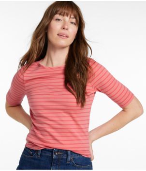 Women's Pima Cotton Tee, Elbow-Sleeve Boatneck Stripe
