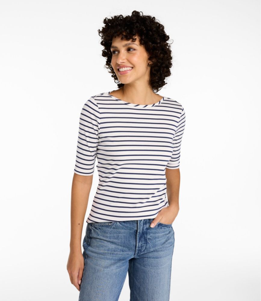 Women's Pima Cotton Tee, Elbow-Sleeve Boatneck Stripe