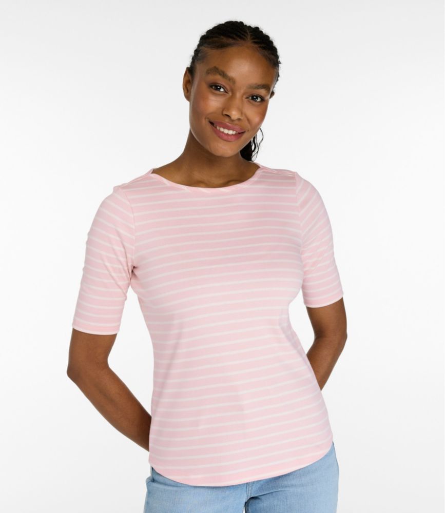 Women's Pima Cotton Tee, Elbow-Sleeve Boatneck Stripe